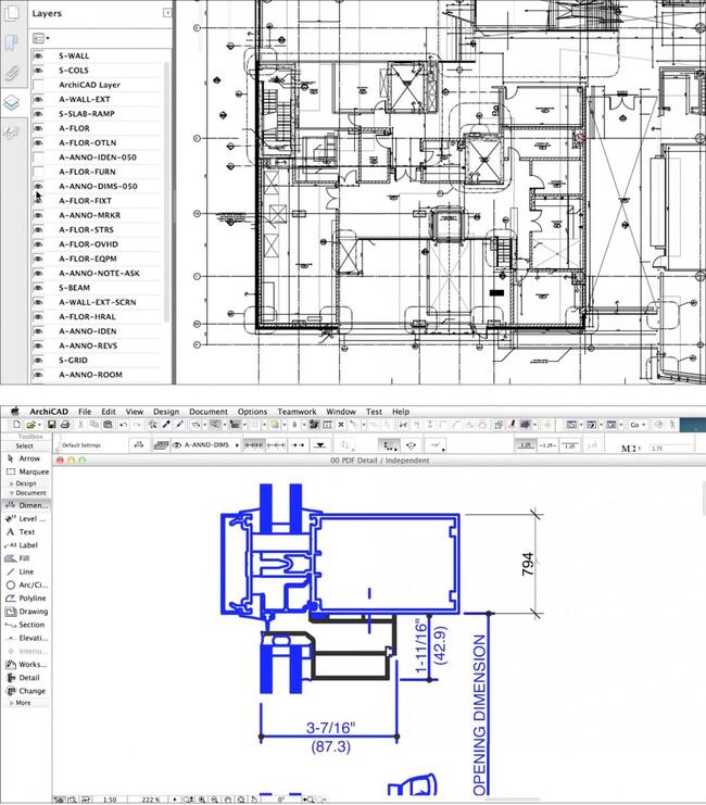 Рис. 7. Улучшенная поддержка PDF в Archicad 18. На верхнем изображении представлен PDF-файл, экспортированный со слоями, которые можно включить или выключить. На нижнем можно видеть PDF-чертеж от производителя, который был развернут при импорте, что позволяет настраивать и менять элементы